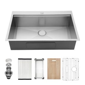 Lordear Gunmetal Black Workstation Kitchen Sink Drop-in Topmount 18 Gauge Stainless Steel Single Bowl Sink (Color: Stainless Steel)